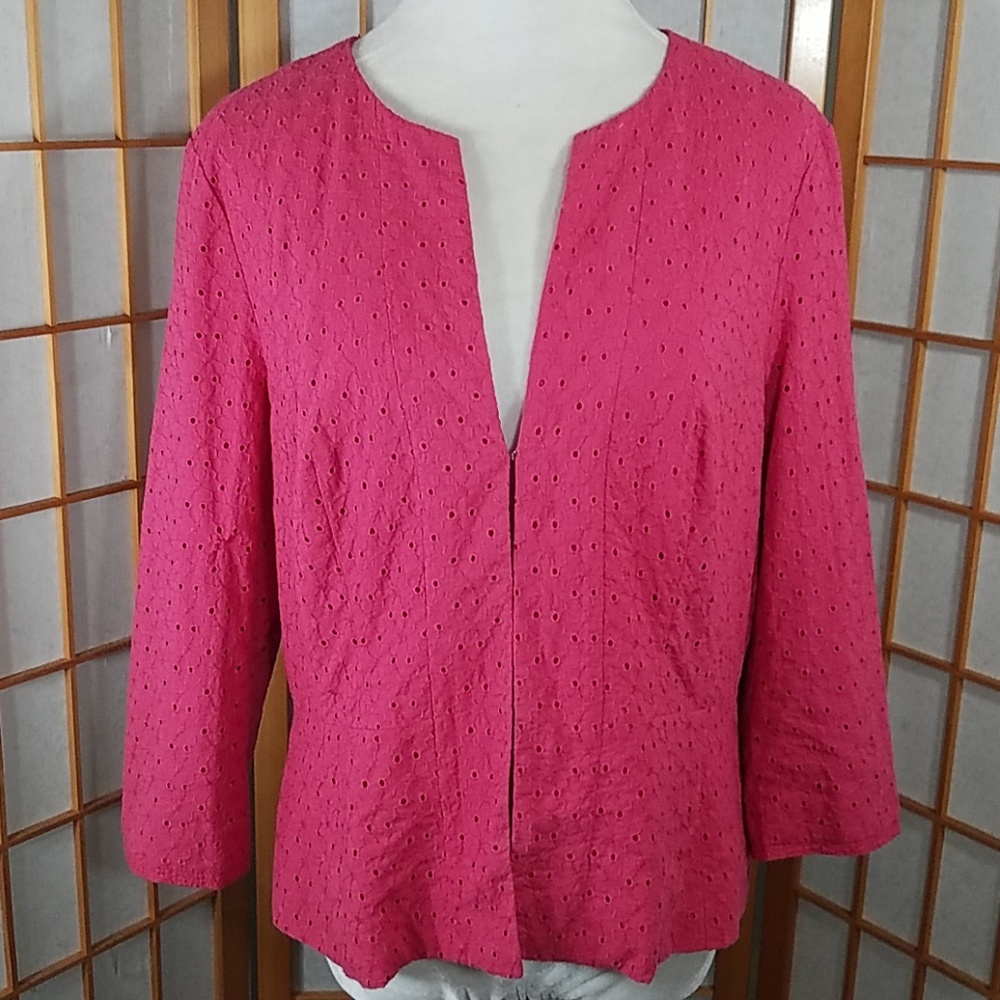 WHBM hot pink floral cotton eyelet lace blazer.